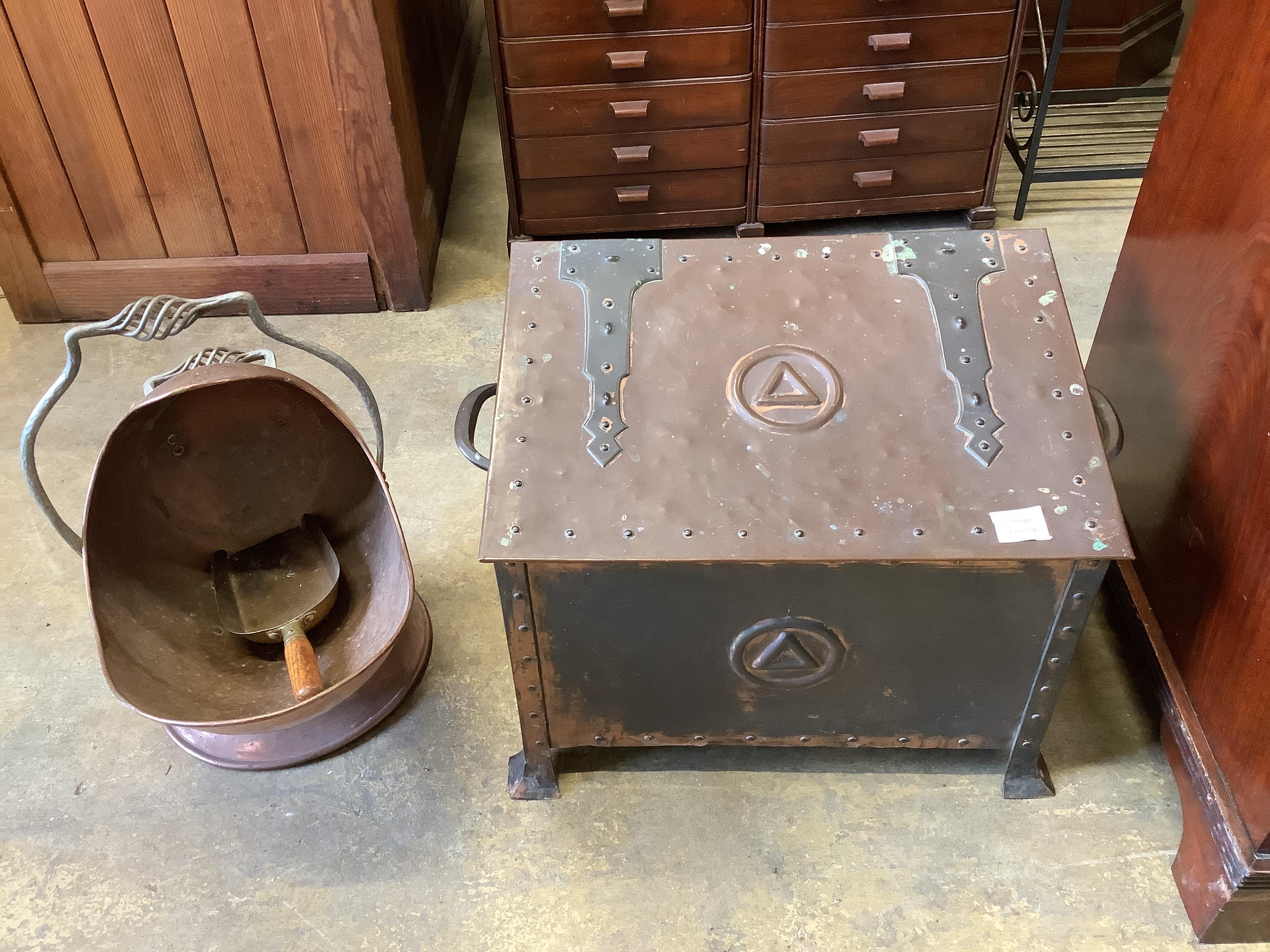 An Arts & Crafts style copper log bin, width 60cm, height 41cm together with a copper helmet shaped scuttle and scoop